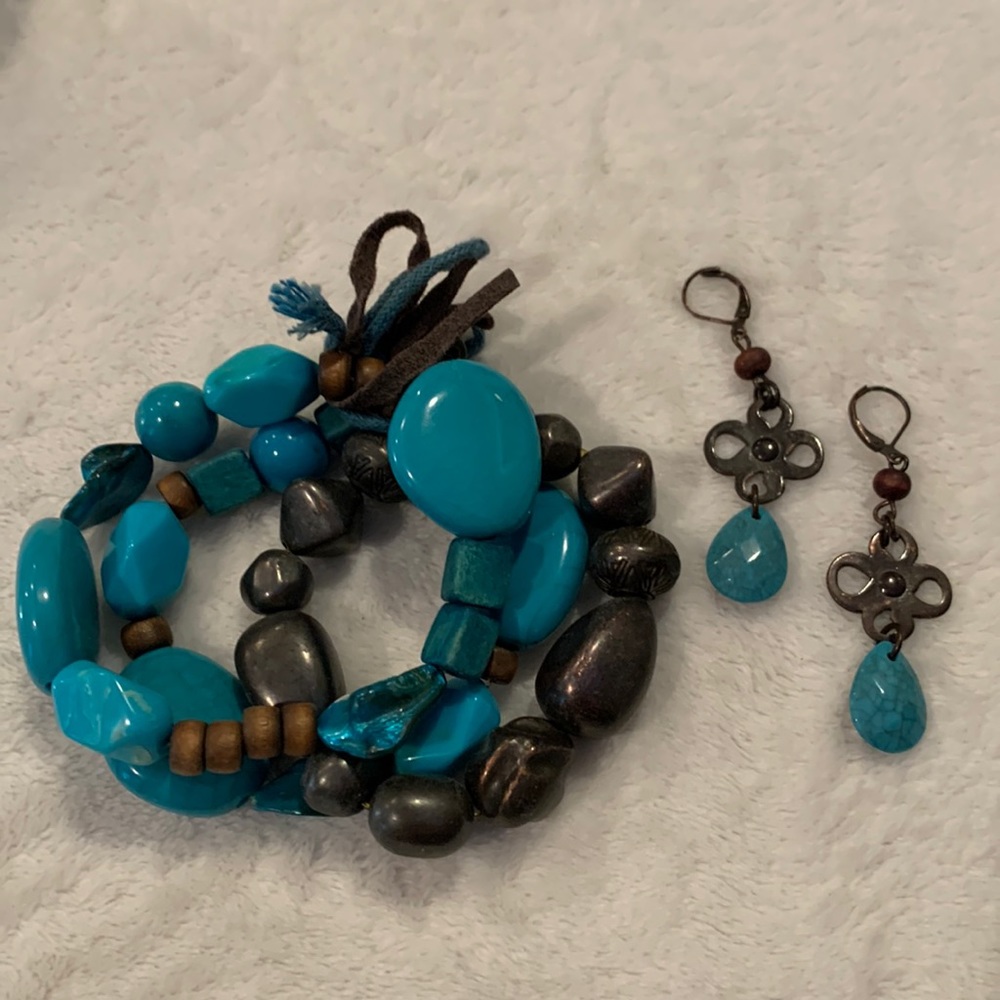 Stacked brown, and turquoise bracelet with matching earrings